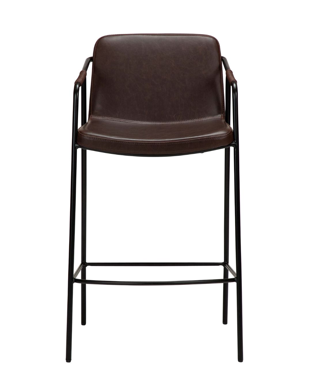 Pusbario kėdė plonomis metalinėmis kojelėmis ir dirbtine rudos spalvos oda