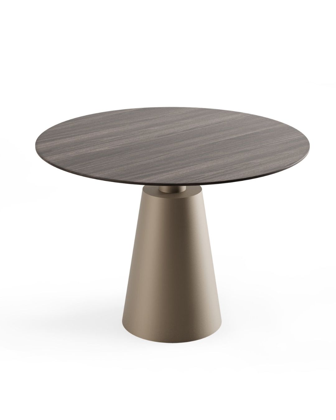 Bella valgomojo stalas su kūgio formos baze (sendinto žalvario spalva) ir mediniu stalviršiu