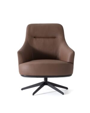 Modernaus dizaino rudas fotelis su sukama baze