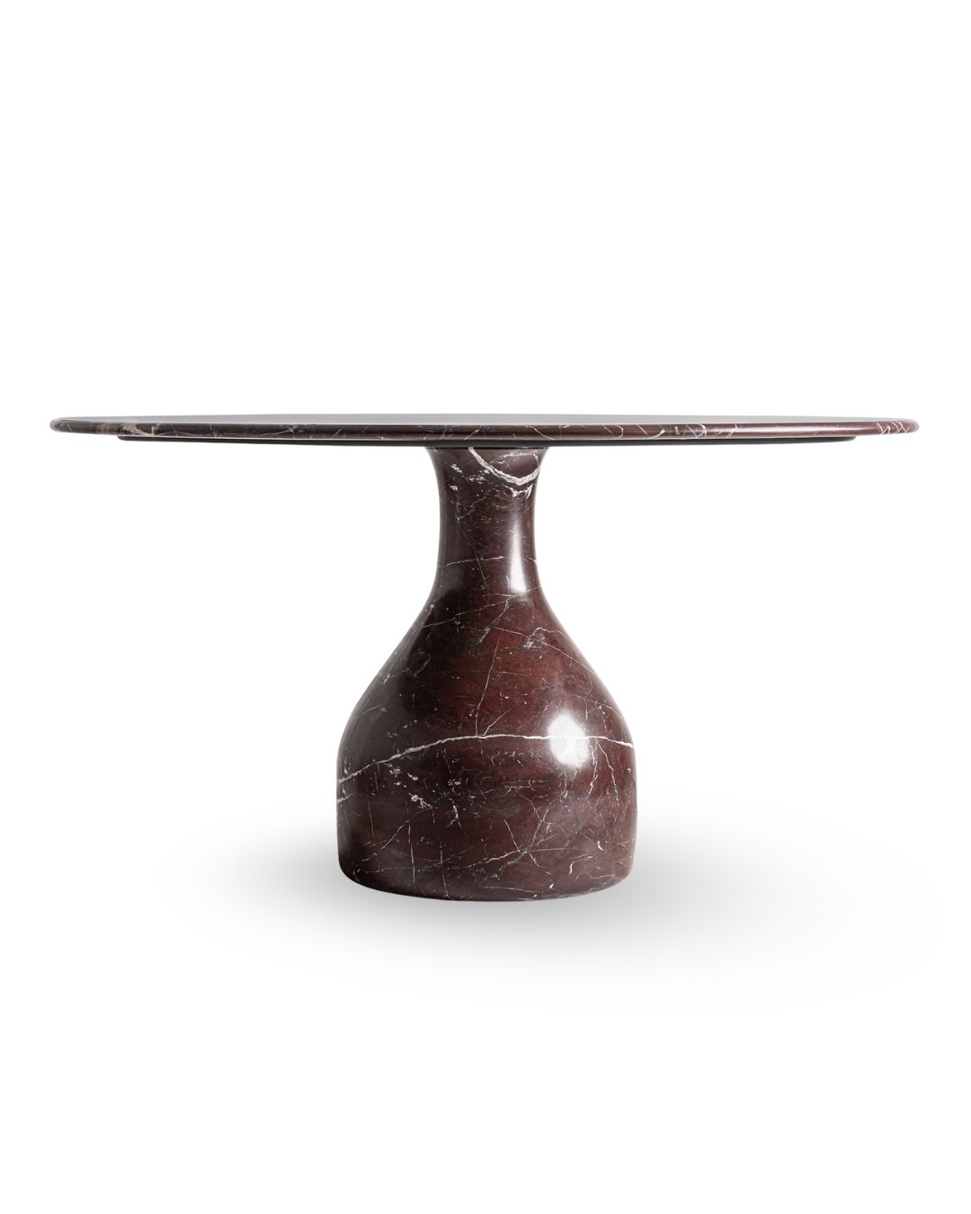 Apvalus valgomojo stalas, pagamintas iš burgundiškos spalvos marmuro