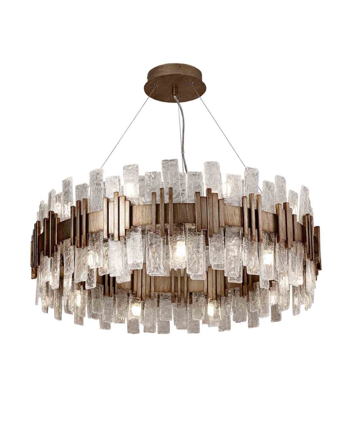 Pakabinamas šviestuvas su tekstūrinio skaidraus stiklo detalėmis ir sendintu žalvariu