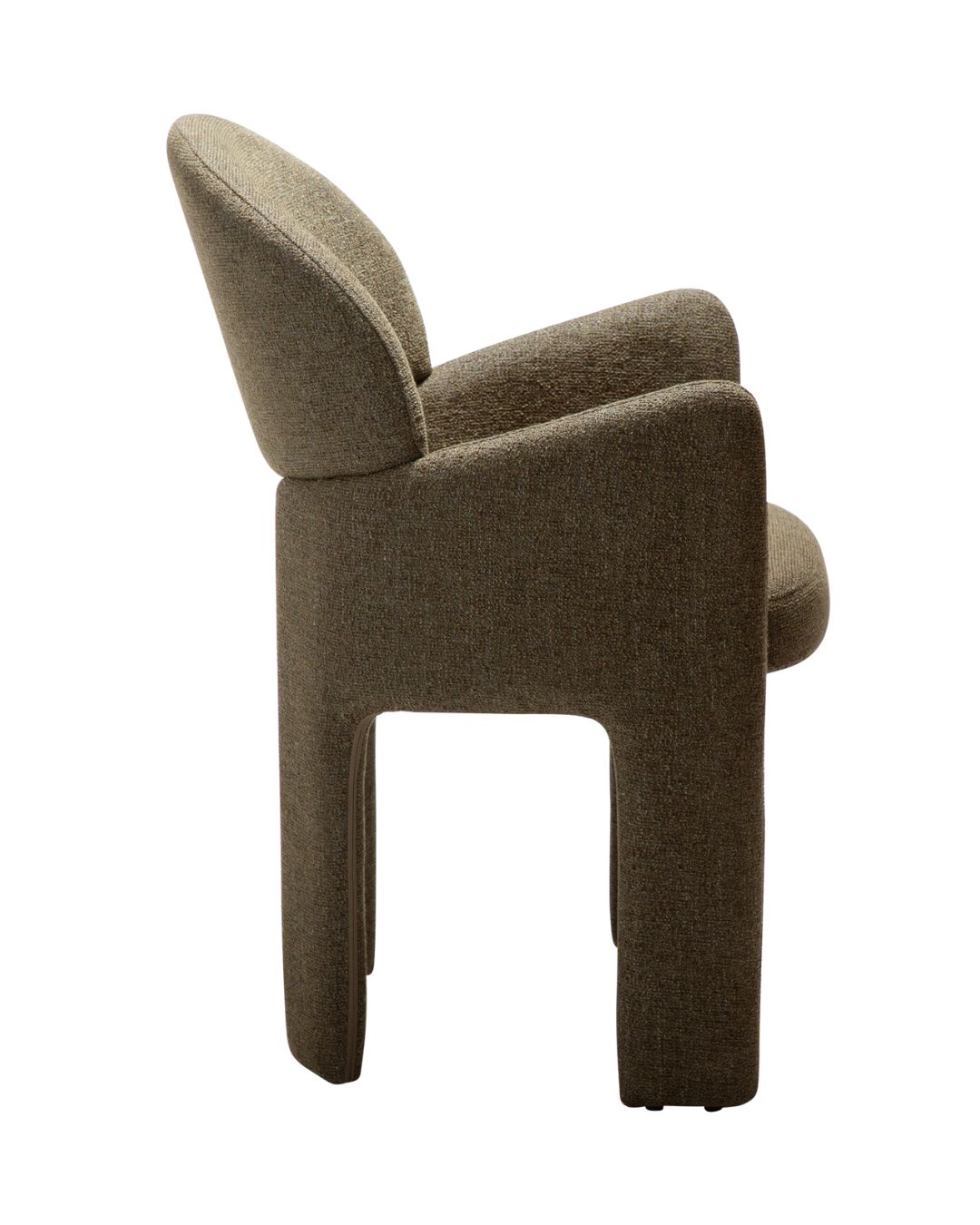 Modernaus dizaino valgomojo kėdė AOLE su porankiais. Pilnai aptraukta tamsiai žalios spalvos audiniu.