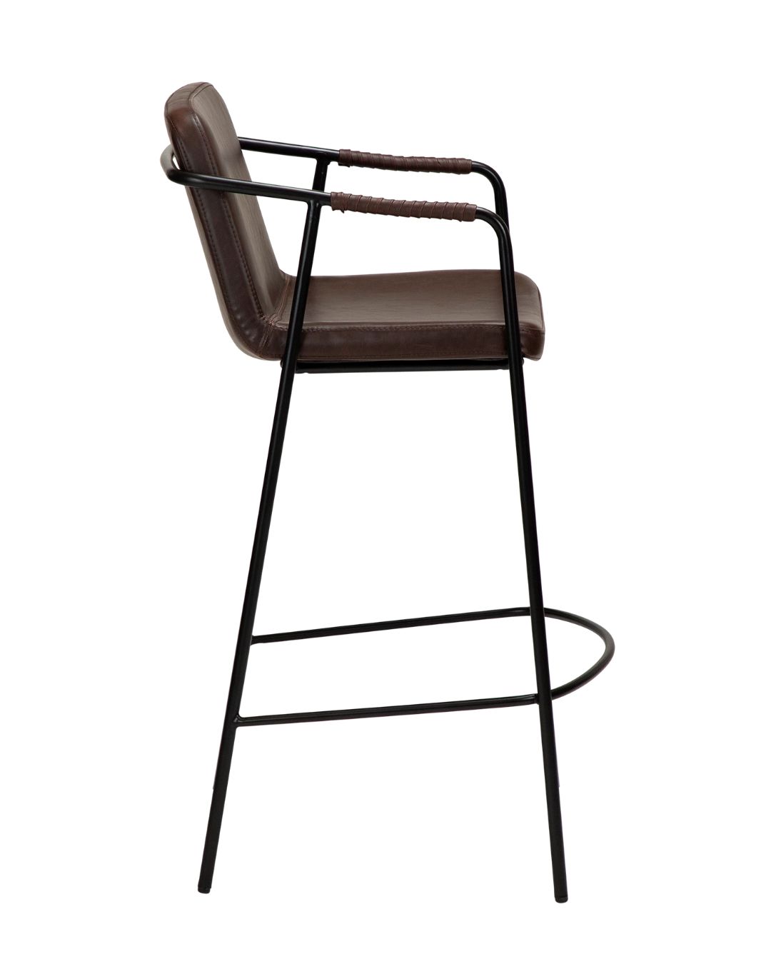 Pusbario kėdė plonomis metalinėmis kojelėmis ir dirbtine rudos spalvos oda