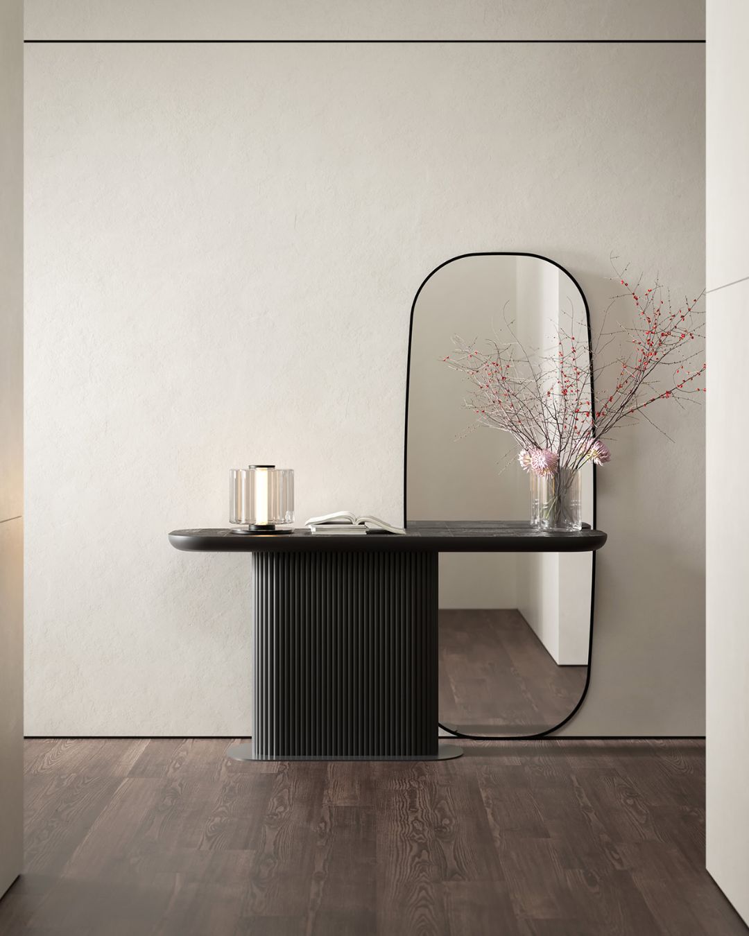 Medinė juodos spalvos konsolė su dideliu veidrodžiu