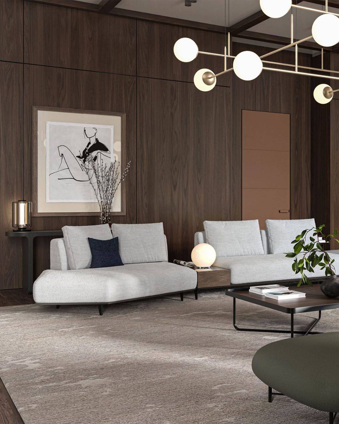 Modulinė pilka sofa Loft su aukštomis metalinėmis kojelėmis ir deimanto formos galu