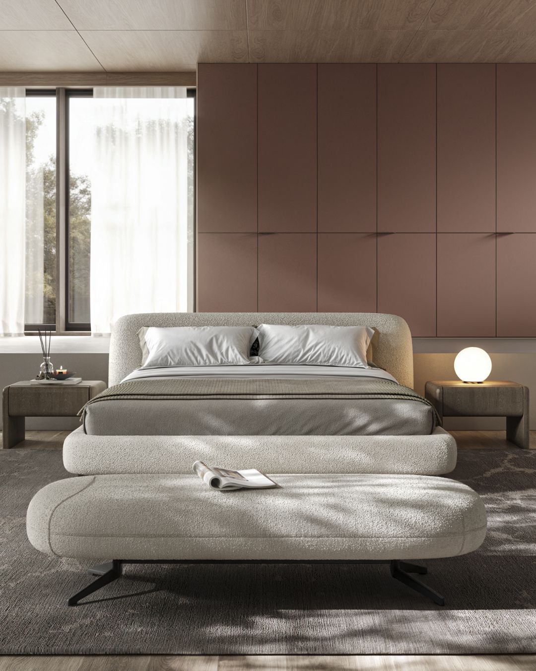 Baltos spalvos pailgas Bon Bon suoliukas moderniame interjere