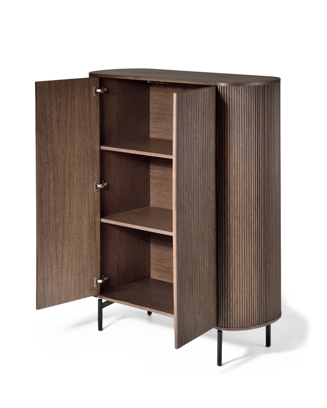 Minimalistinio dizaino medinė frezuota indauja su aukštomis juodomis metalinėmis kojelėmis