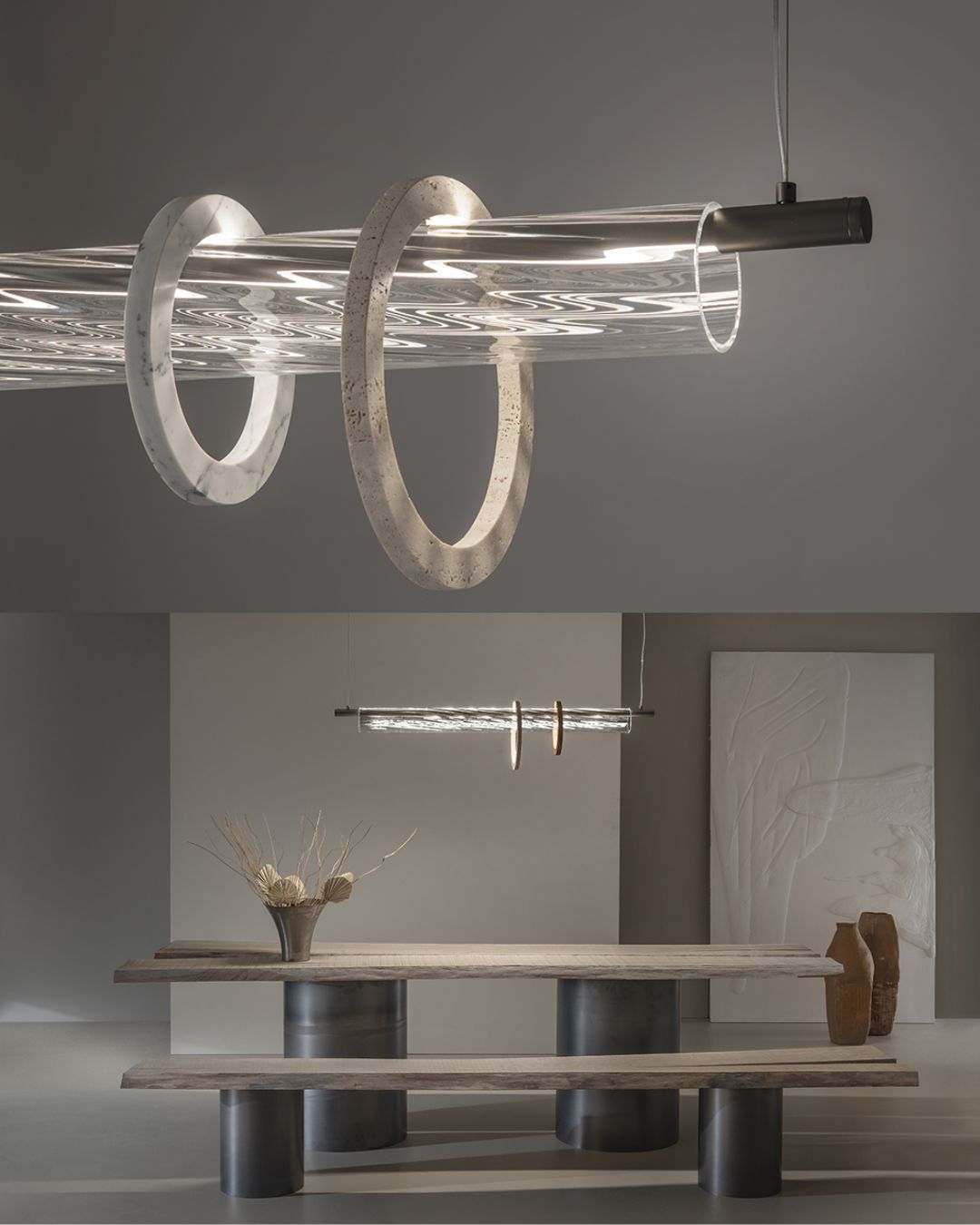 Pailgas LED šviestuvas su Murano stiklo gaubtu ir užkabintais mermuriniais žiedais