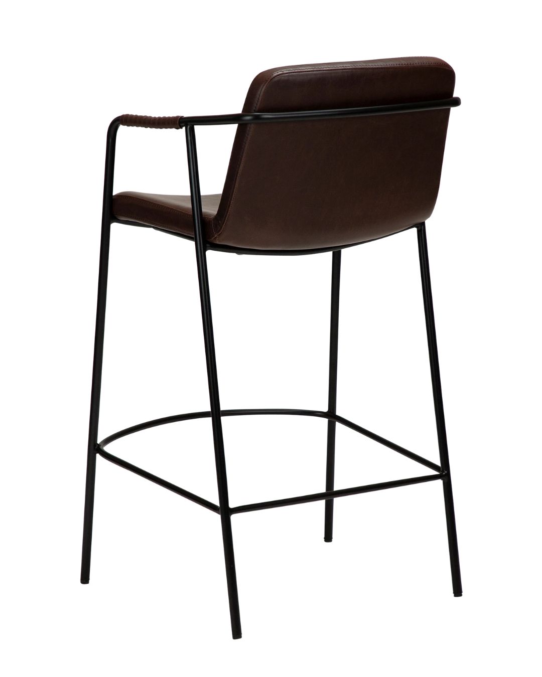 Pusbario kėdė plonomis metalinėmis kojelėmis ir dirbtine rudos spalvos oda