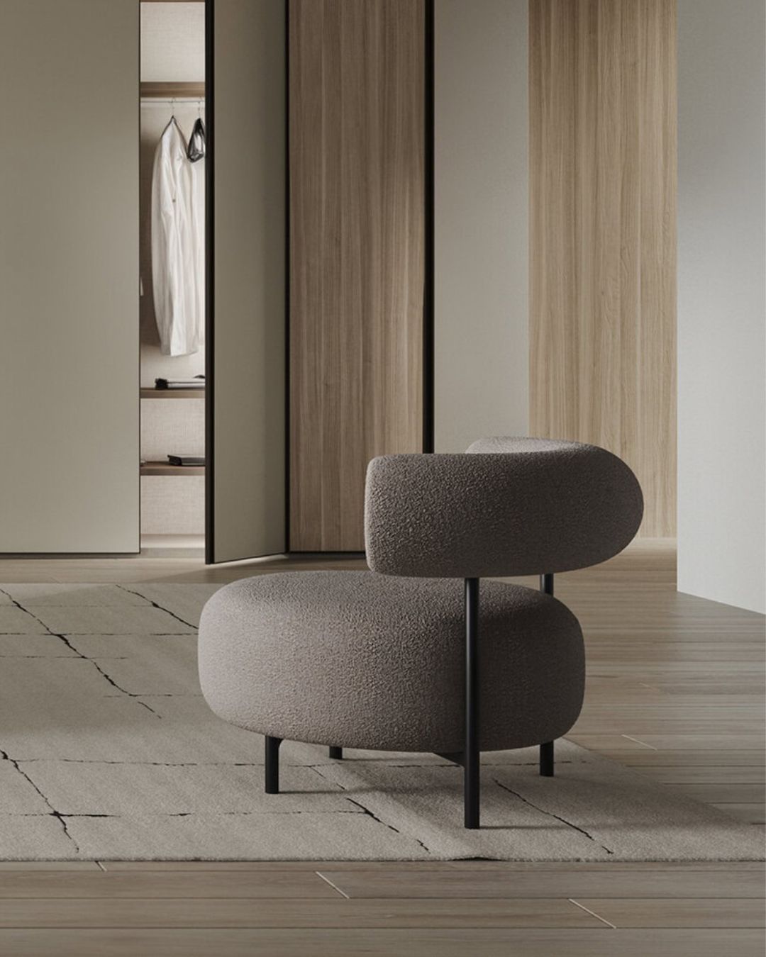 Minimalistinio dizaino Bon Bon fotelis, juodomis metalinėmis kojelėmis