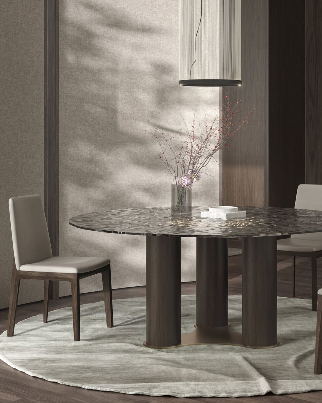 Valgomojo stalas Libre ant 3 cilindrinių kojų ir su stiklo stalviršiu