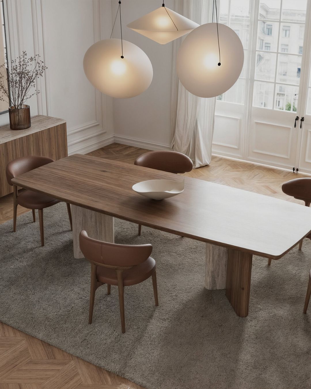 Didelis medinis stalas su travertino akmens baze