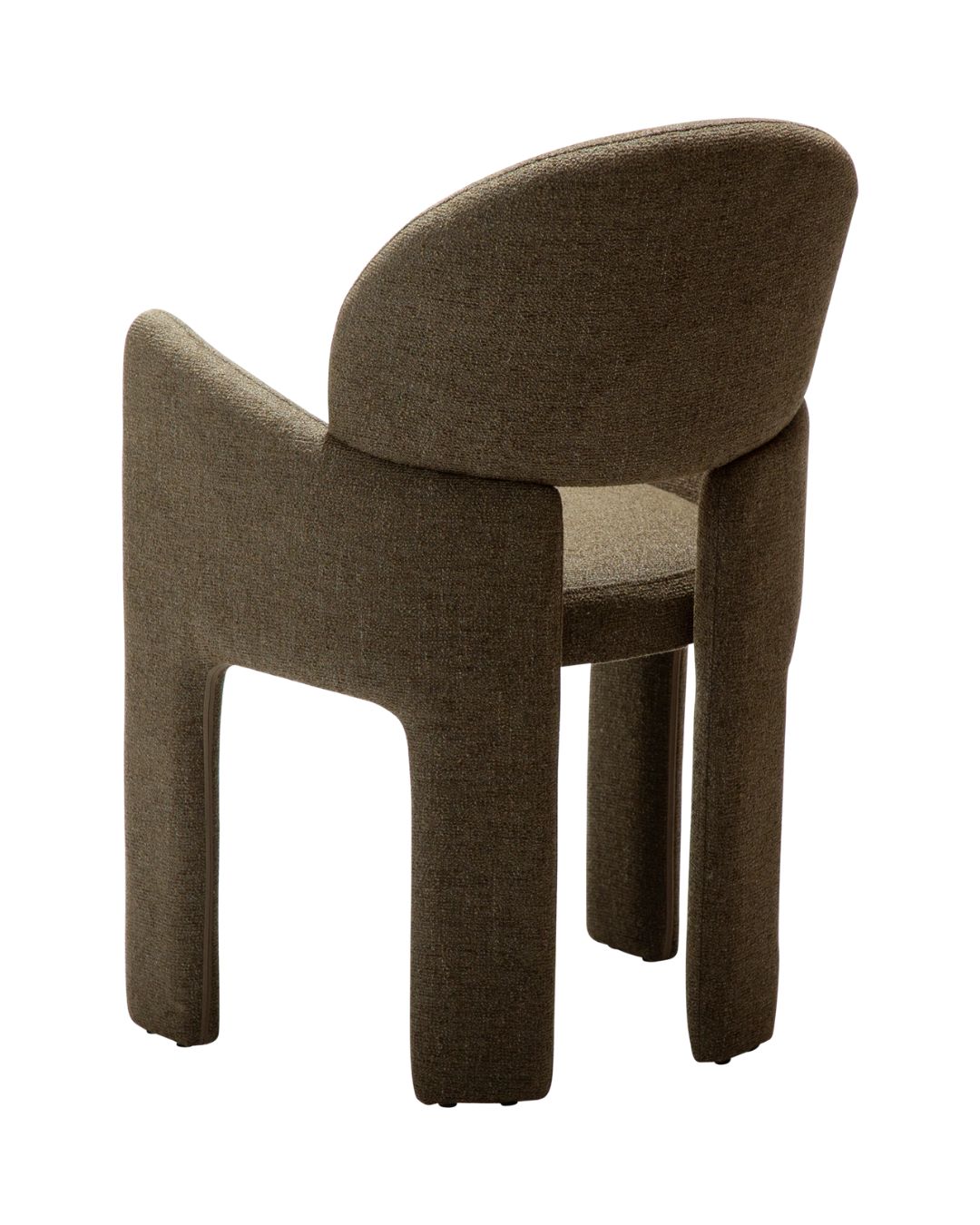 Modernaus dizaino valgomojo kėdė AOLE su porankiais. Pilnai aptraukta tamsiai žalios spalvos audiniu.