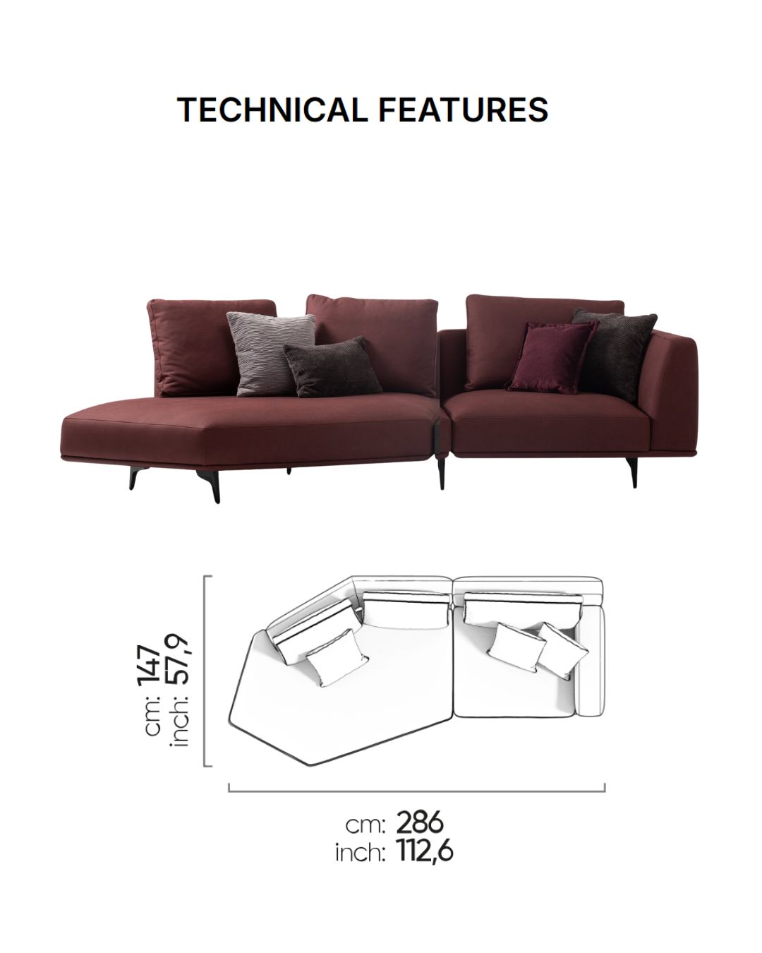 Modulinė bordo spalvos sofa Loft su aukštomis metalinėmis kojelėmis ir deimanto formos galu