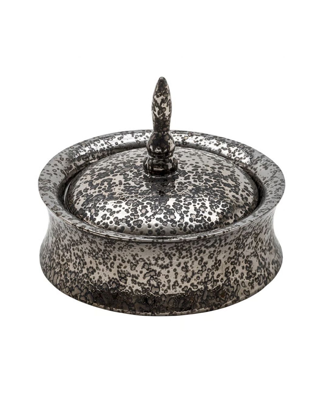 Keramikinis indas su oksiduotos platinos apdaila. Su dangteliu.