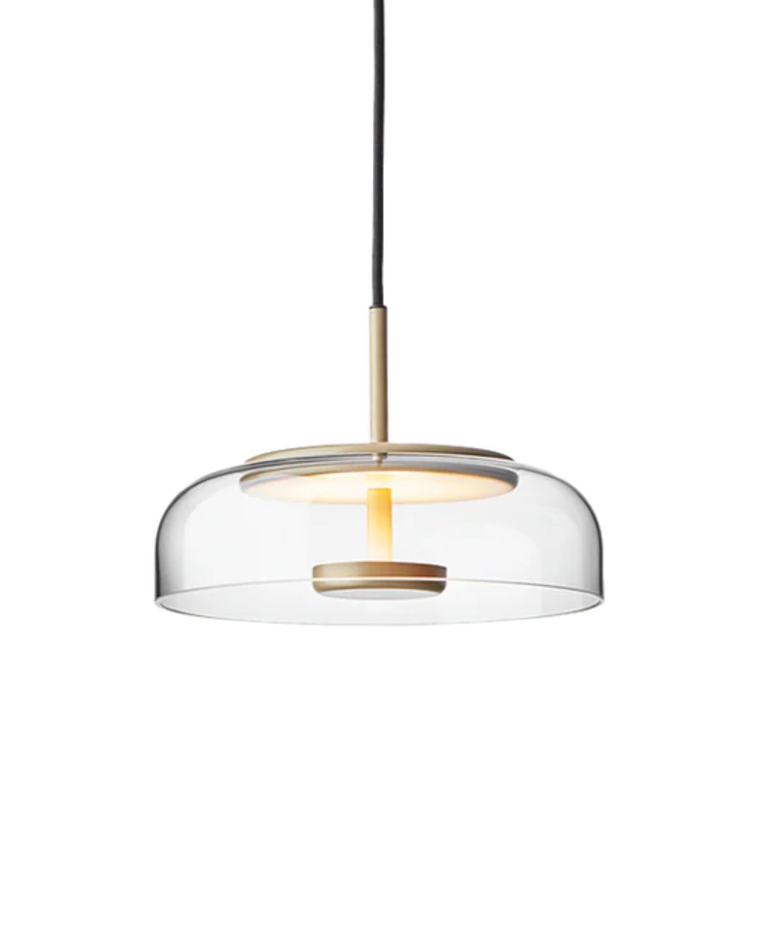 BLOSSI 1 pakabinamas šviestuvas su skaidriu apvaliu stiklo gaubu ir aukso spalvos detalėmis