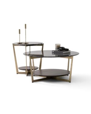 Modernaus dizaino kavos staliukų komplektas su auksinėmis kojelėmis ir apvaliu stalviršiu