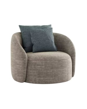 Pilkos spalvos fotelis lenktu atlošu