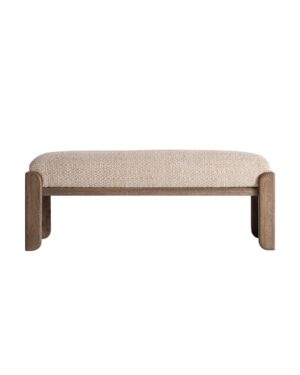 Japandi stiliaus pailgas suoliukas su medinėmis kojelėmis ir smėliniu audiniu