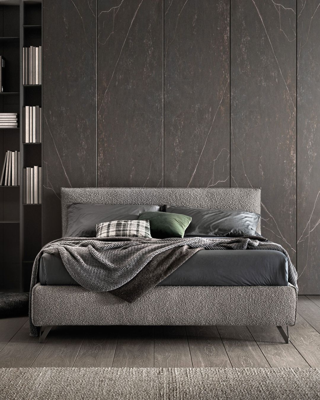 Tamsiai pilkos spalvos miegamojo lova Deep iš Samoa Divani. Nuotrauka tamsiame interjere.