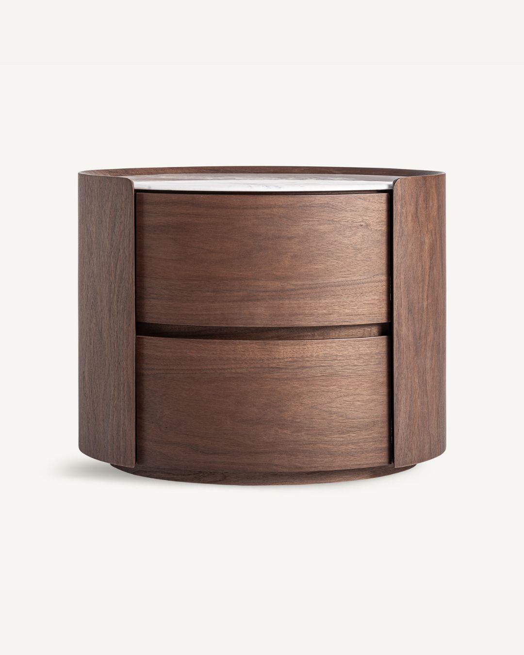 Ovali naktinė spintelė su 2 stalčiais. Pagaminta iš medienos, stalviršis - baltas akmuo.