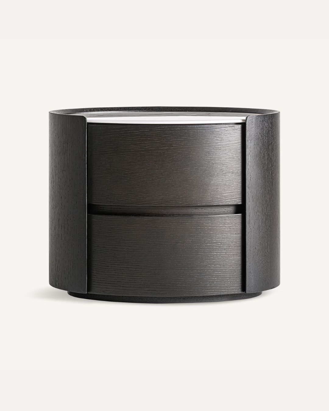 Medinės naktinės spintelės su 2 stalčiais. Juodos spalvos su baltu akmeniniu stalviršiumi