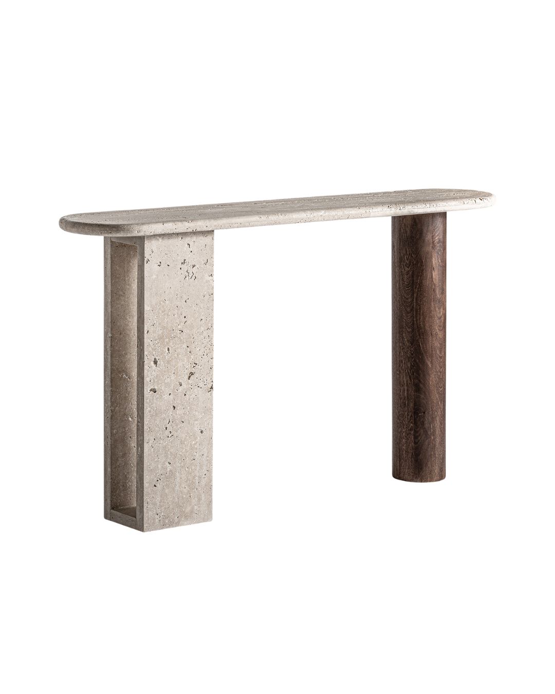 Japandi stiliaus konsolė su travertino akmeniu ir medžiu