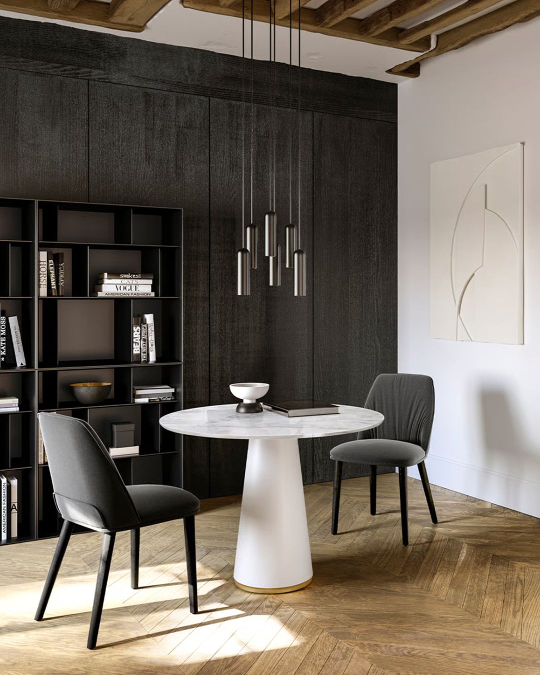 Ted pietų stalas ir marmuro stalviršiu ir kūgio formos baze