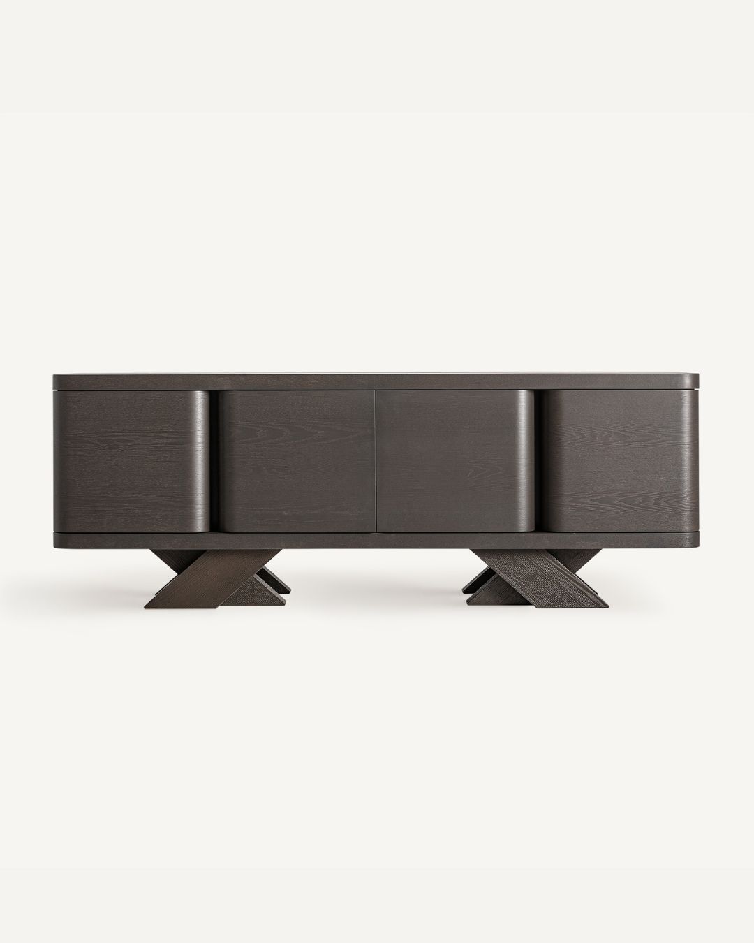 Modernaus dizaino medinė komoda su kryžiuotomis kojelėmis