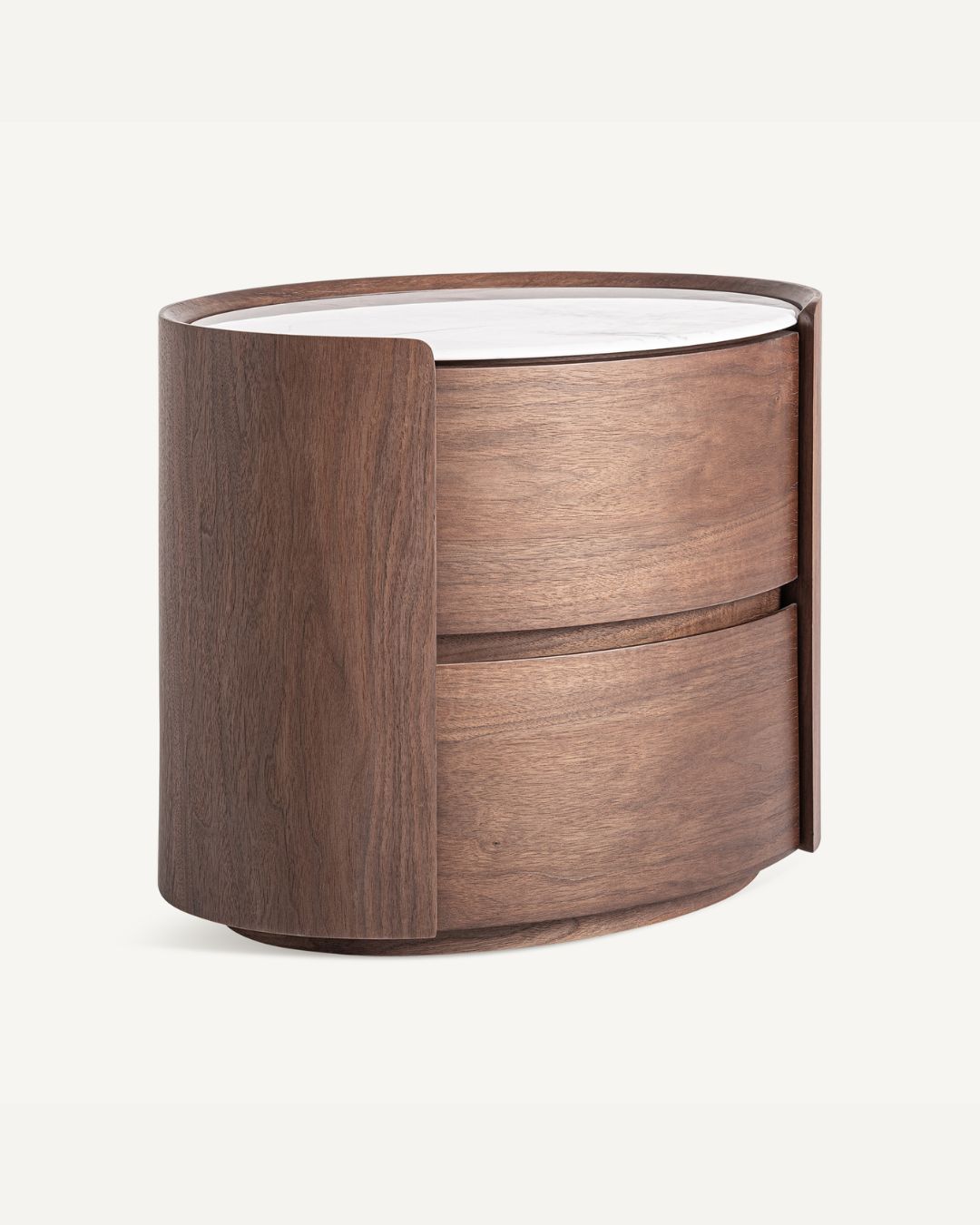 Ovali naktinė spintelė su 2 stalčiais. Pagaminta iš medienos, stalviršis - baltas akmuo.