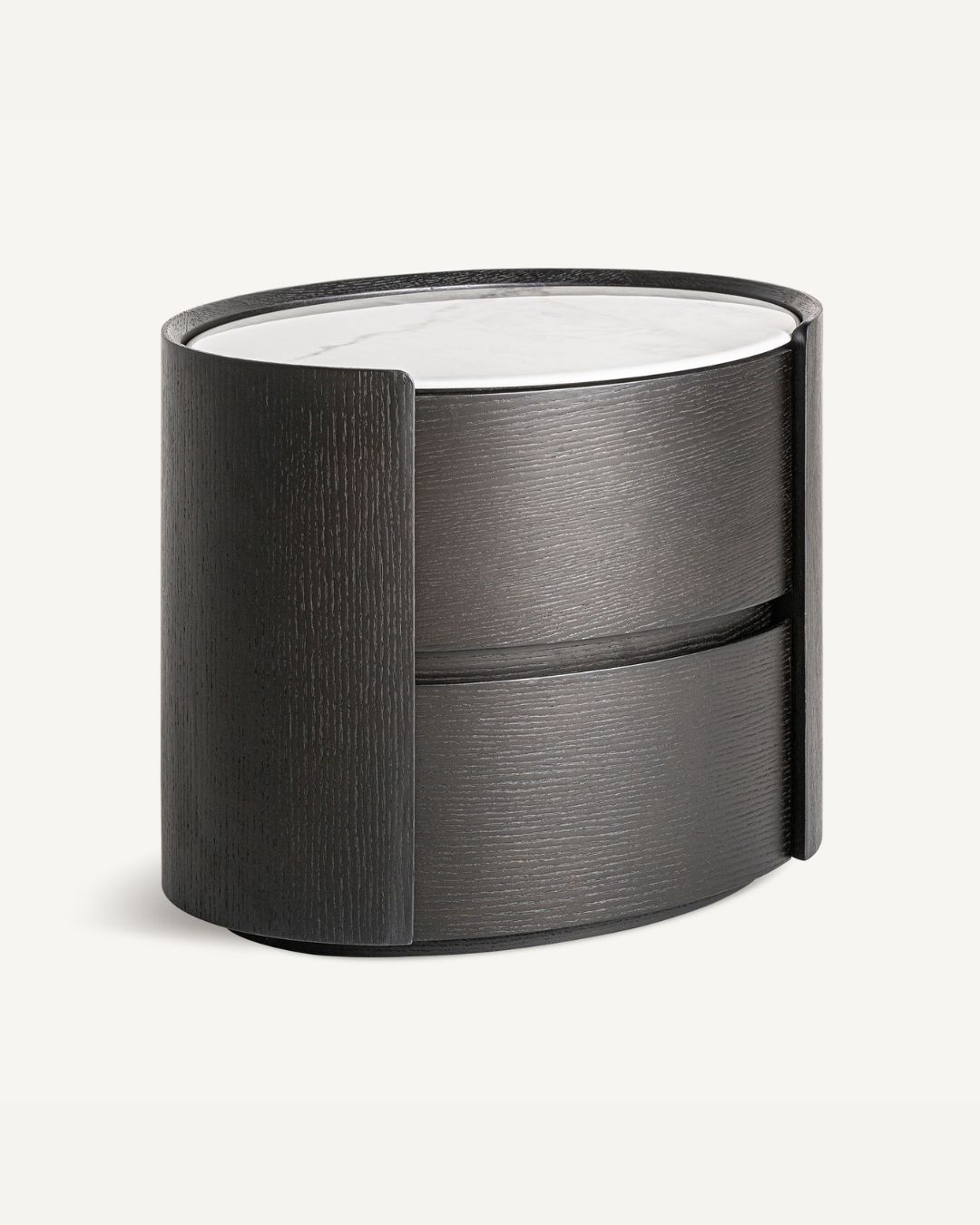 Medinės naktinės spintelės su 2 stalčiais. Juodos spalvos su baltu akmeniniu stalviršiumi