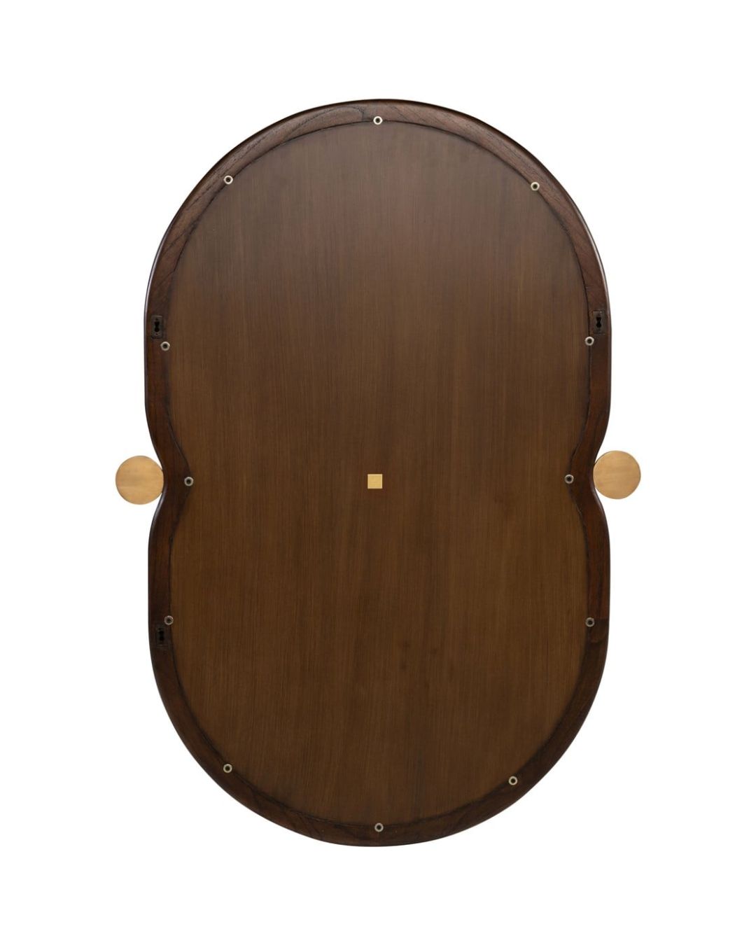 Netaisyklingos formos veidrodis mediniu rėmeliu ir žalvario spalvos akcentais