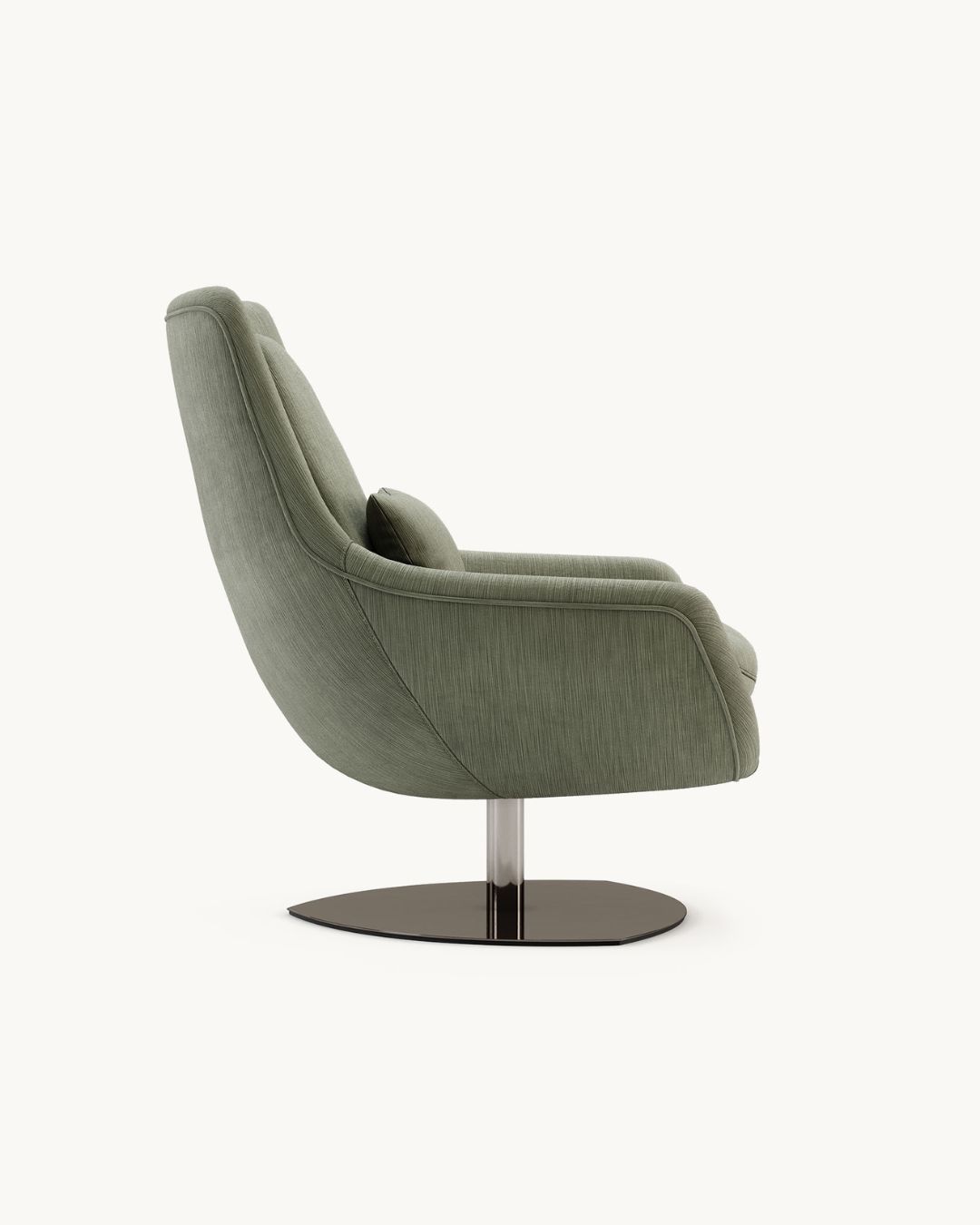 Besisukantis fotelis, aptrauktas žalios spalvos audiniu