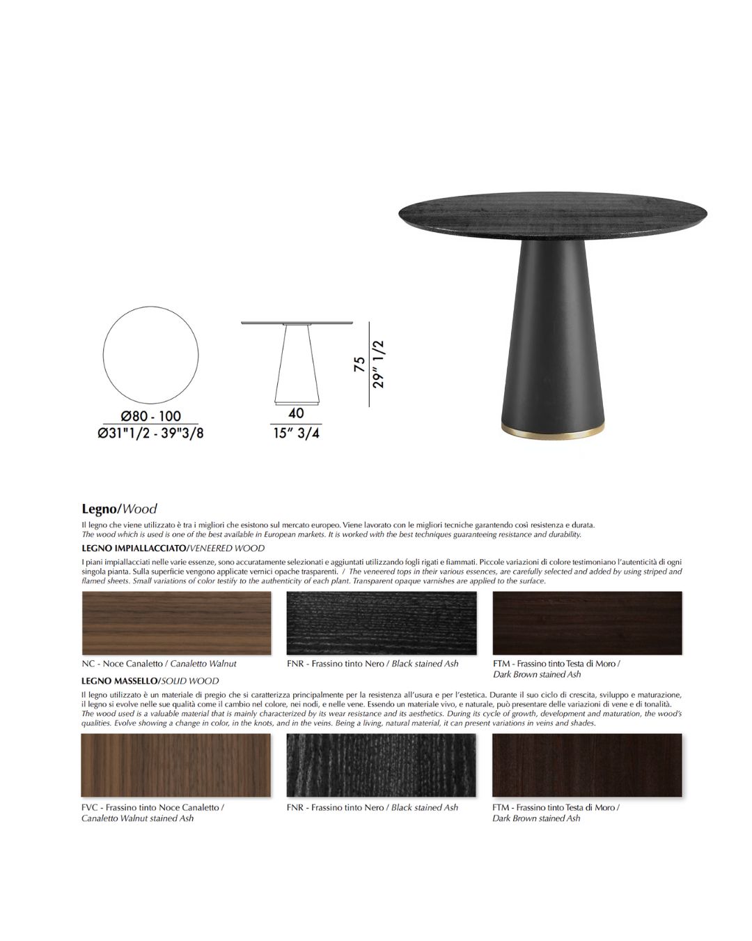 Juodos spalvos valgomo stalas su mediniu stalviršiu ir kūgio formos baze