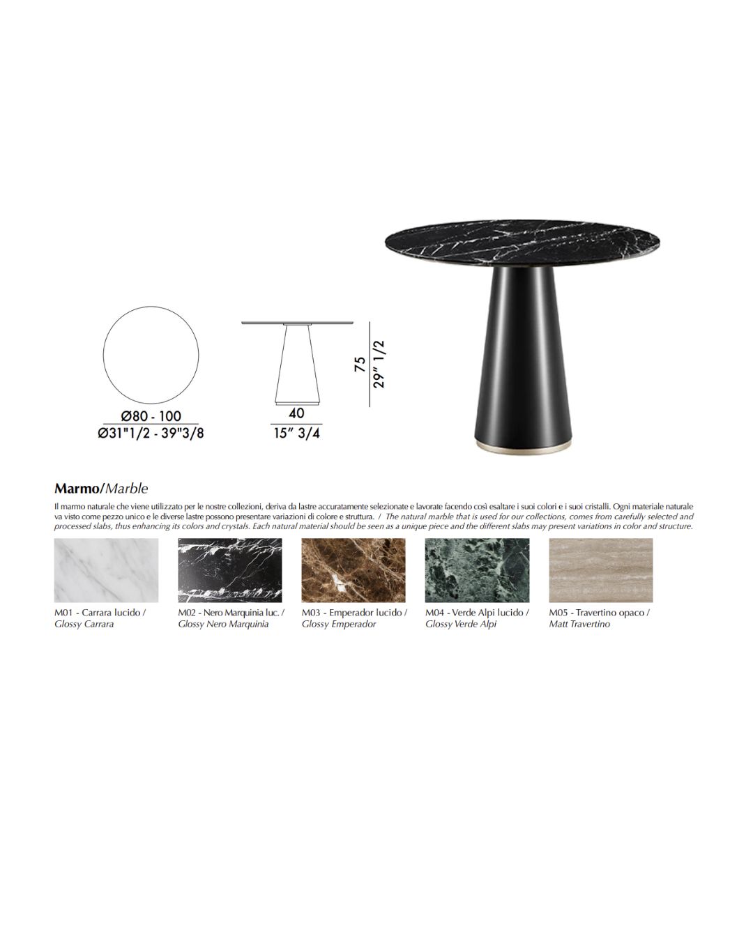 Ted pietų stalas ir marmuro stalviršiu ir kūgio formos baze