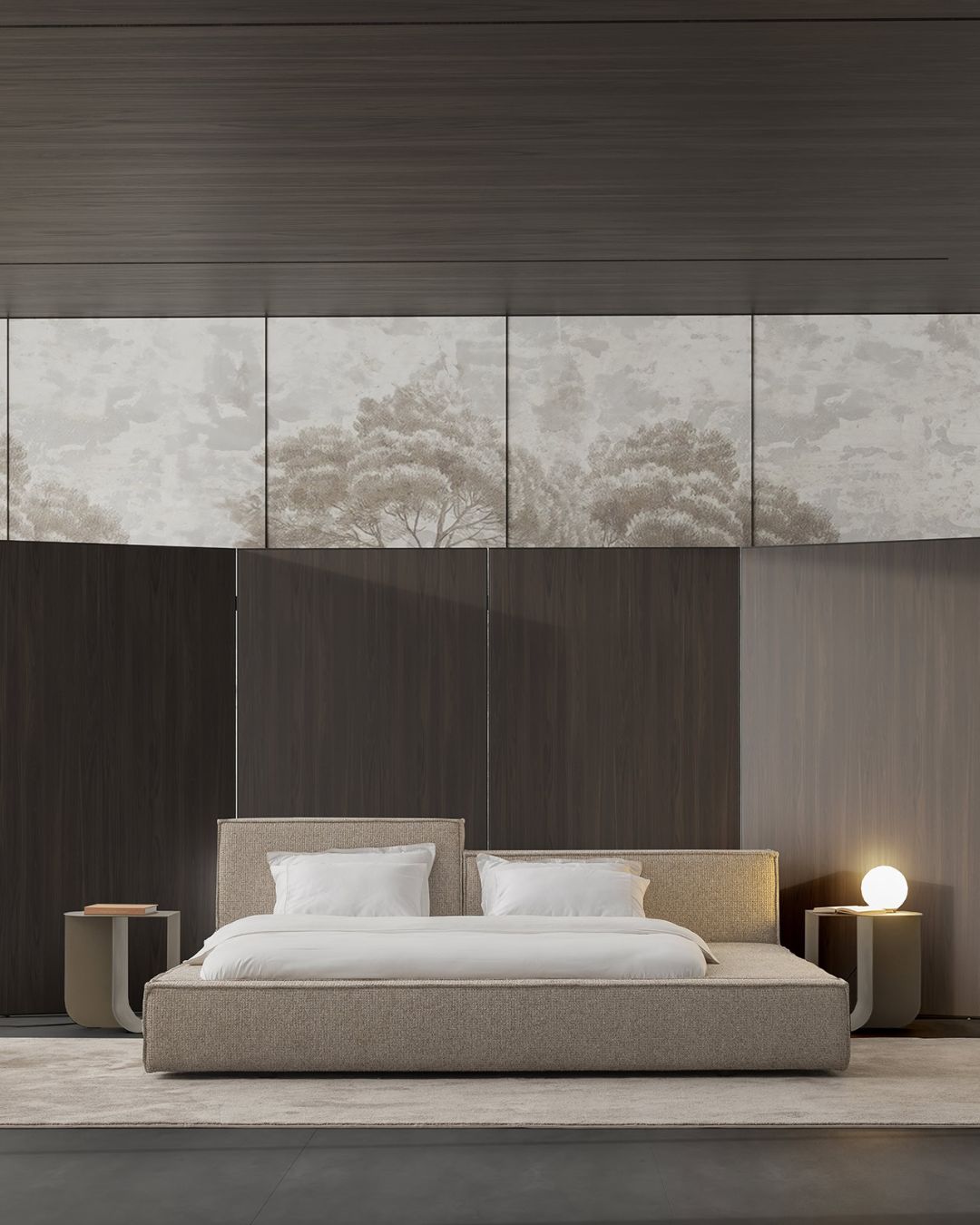 Smėlinio audinio miegamojo lova su skirtingo aukščio galvūgaliais POUFY XL