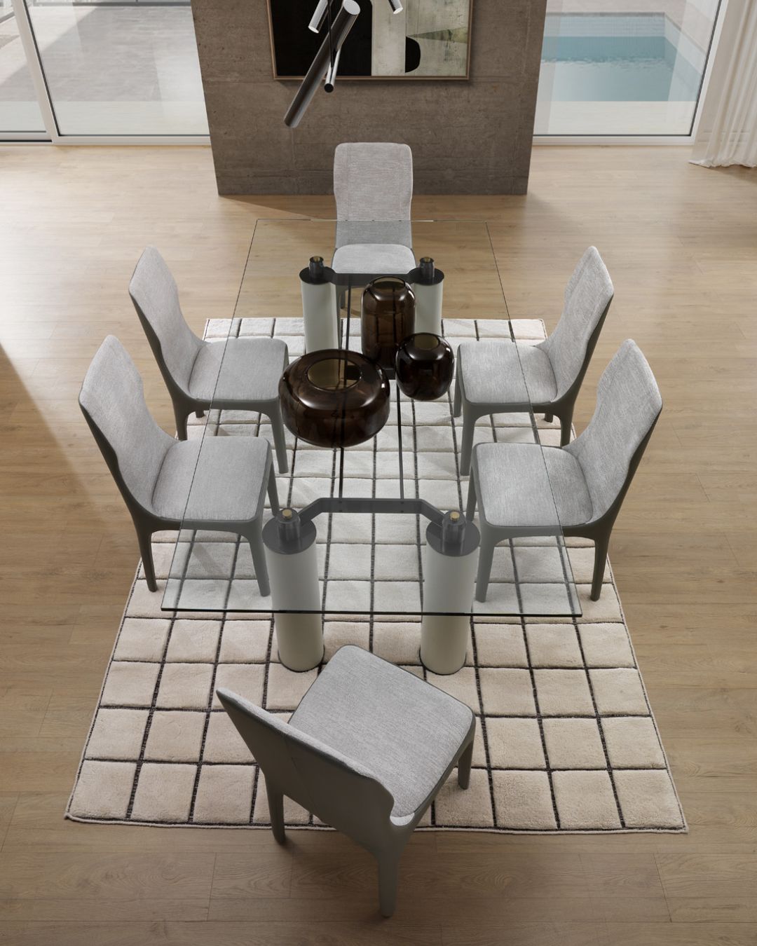 Stačiakampio formos valgomojo stalas su skaidriu stikliniu paviršiumis ir 4 cilindro formos baltomis kojomis