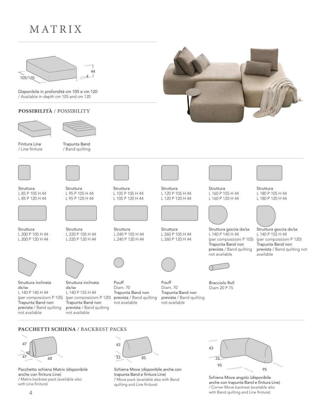 "Matrix" sofa iš Samoa Divani - techninė sofos specifikacija ir dydžiai