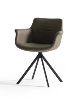 Odinė khaki spalvos valgomojo kėdė - foteliukas su juodomis metalinėmis kojelėmis