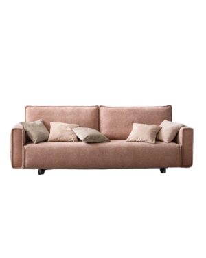 Rožinės spalvos dvivietė sofa baltame fone