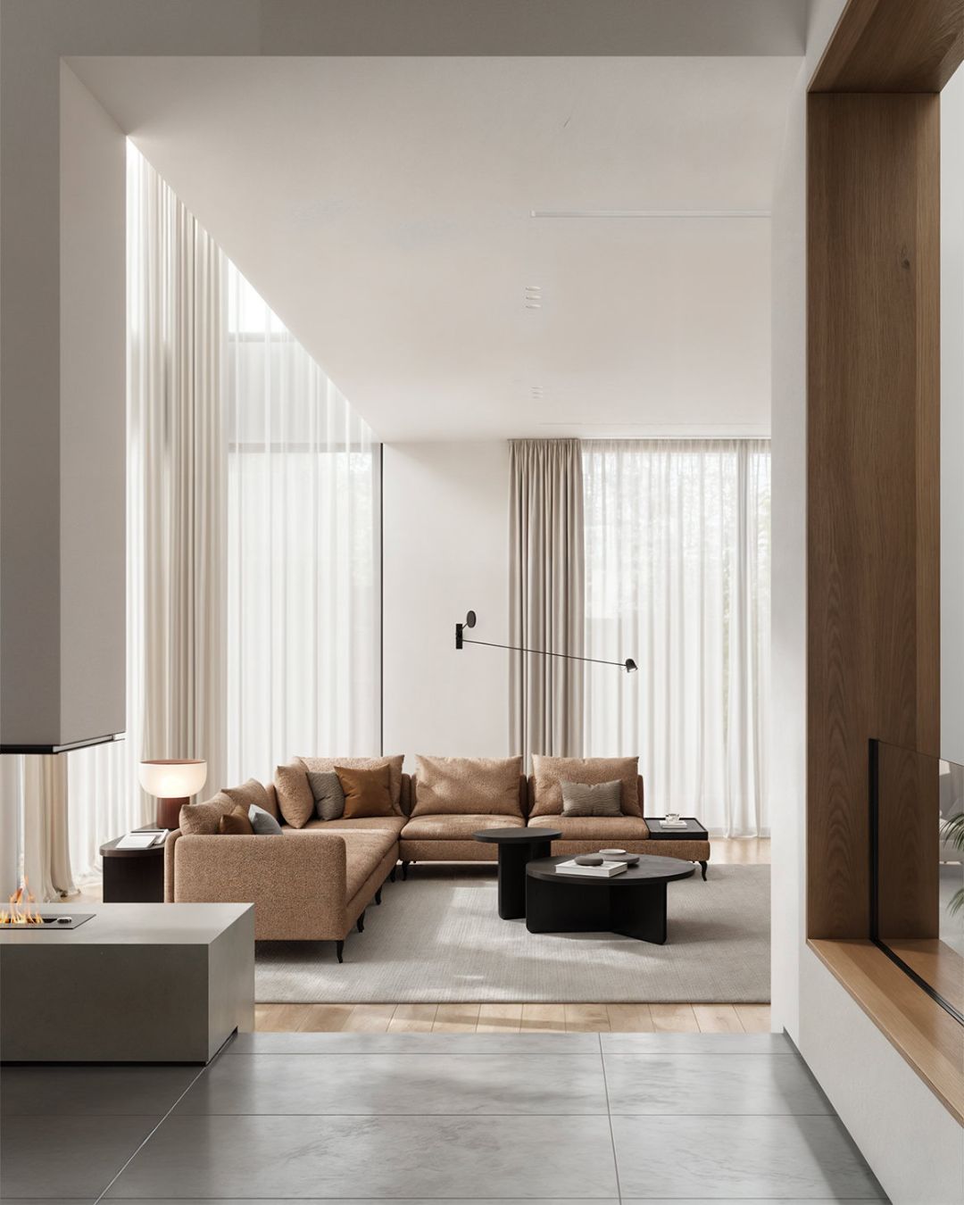 Kampinė sofa "Fox" su rusvu audiniu - nuotrauka moderniame interjere