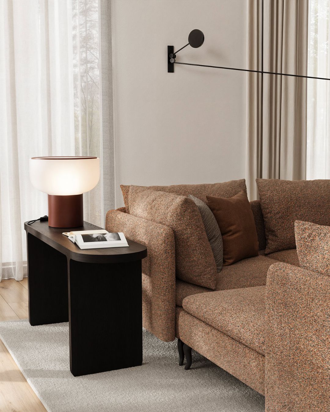 Kampinė sofa "Fox" su rusvu audiniu - nuotrauka moderniame interjere