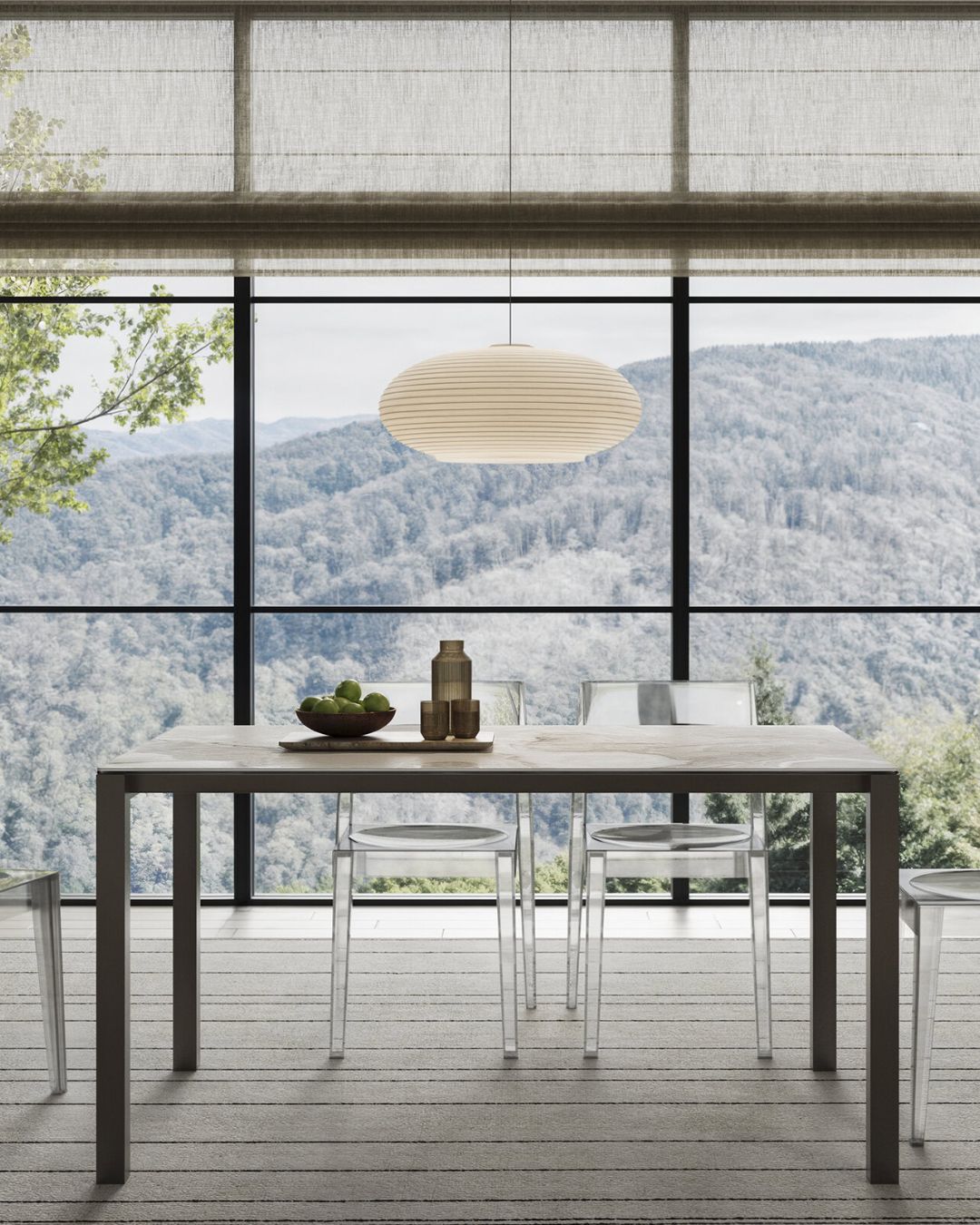 Minimalistinio dizaino stačiakampio formos "Lorient" pietų stalas plonomis metalinėmis kojelėmis ir keramikiniu stalviršiu