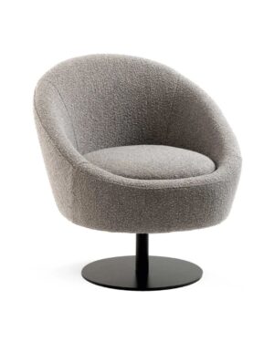 Minimalistinio dizaino apvalus pilkas foteliukas su juoda kojele