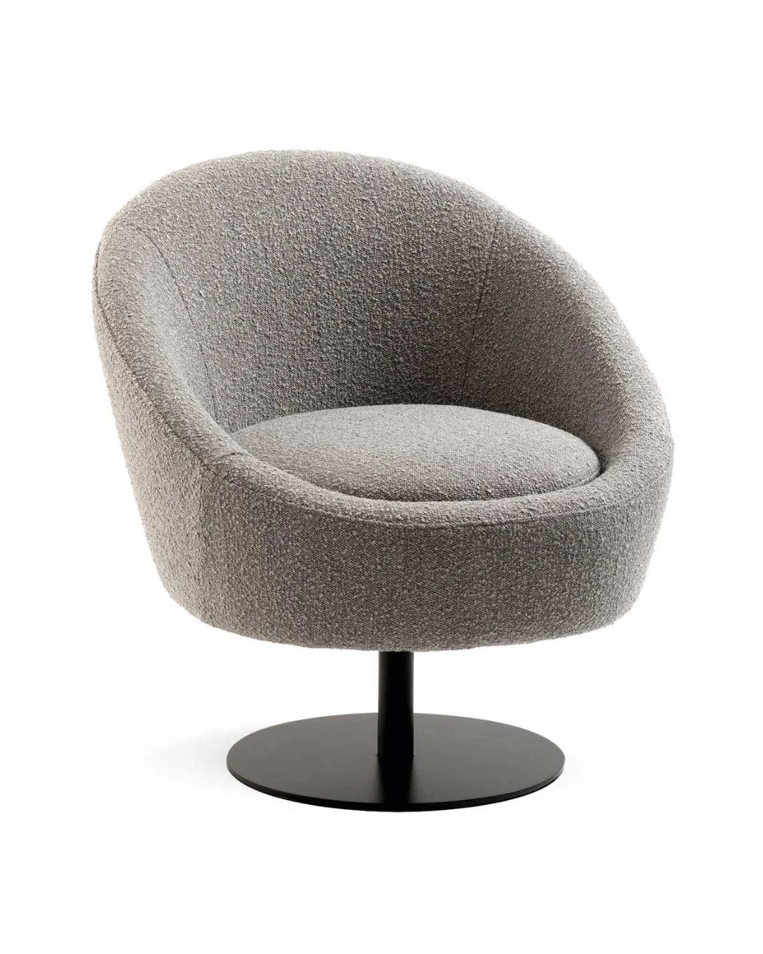 Minimalistinio dizaino apvalus pilkas foteliukas su juoda kojele