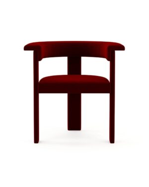 Ryškiai raudonos spalvos veliūrinė valgomojo kėdė su porankiais