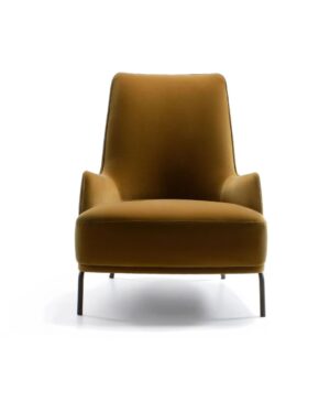 Garstyčių spalvos fotelis su aukštu atlošu baltame fone