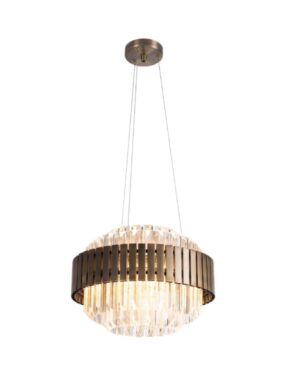 Pakabinamas šviestuvas iš stiklo, su tamsinto aukso rėmeliu aplink jį. Nuotrauka baltame fone.