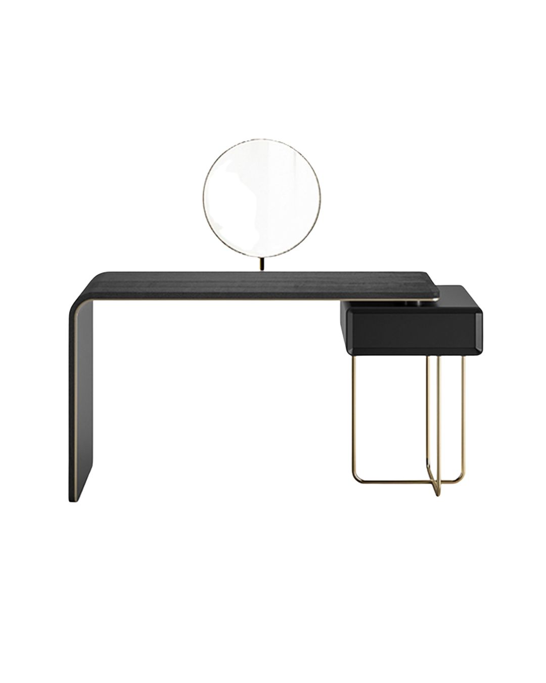 Kosmetinis staliukas iš medžio su apvaliu veidrodžiu, nuotrauka baltame fone