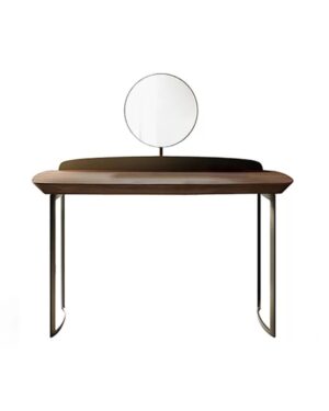 Modernaus dizaino kosmetinis staliukas su apvaliu veidrodėliu